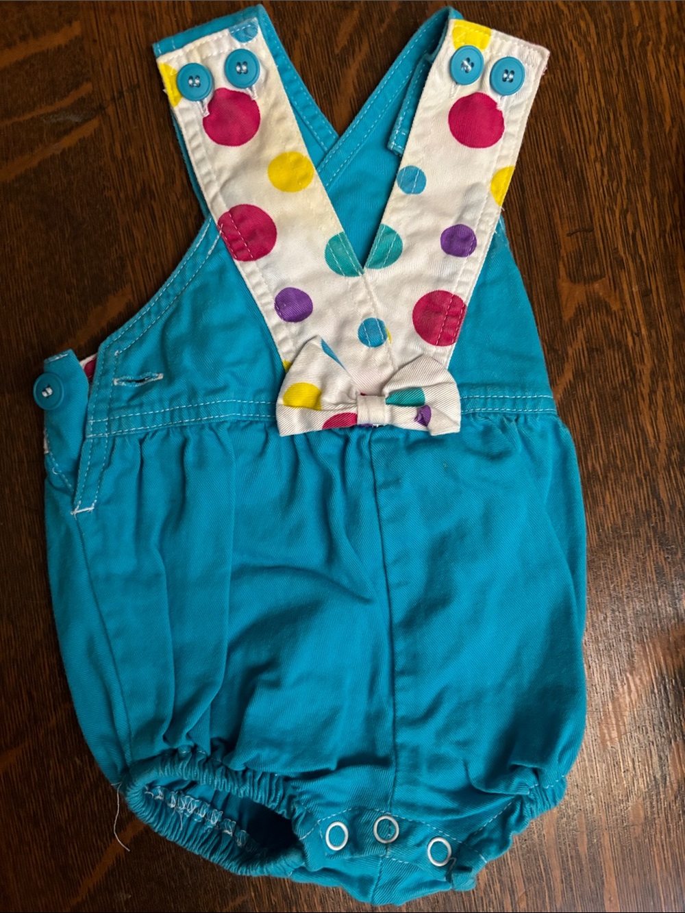 3-6 Months Baby Turquoise Romper with Multicolor Polka-Dot Straps 90’s